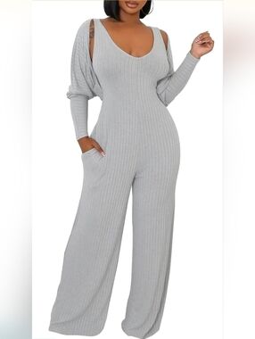 NWOT- 2 Piece Wide Leg Ribbed Knit Jumpsuit With Crop Cardigan
